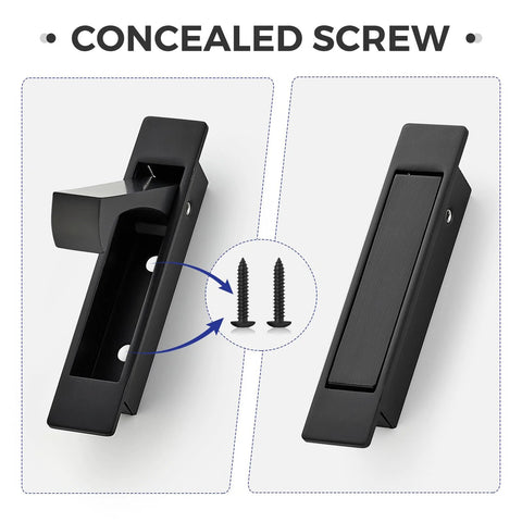 Matte Black Flush Mount Pocket Door Pull Handle With Edge Pull For Sliding Doors Self Retracting Mechanism Fits Doors Up To 0.69 Inches Thick Durable Rust Resistant Hardware Ideal For Residential And Commercial Use showing concealed screw design.