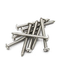 Thirty Piece Heavy Duty Stainless Steel Screws Number Ten By Two Inch Self Tapping Pan Head Wood And Metal Fasteners Zero Rust Top Shelf Cross Drive Hardware Bulk Lot - close-up of screws on white background.
