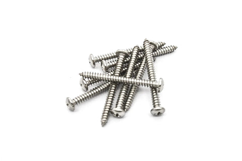 Thirty Piece Heavy Duty Stainless Steel Screws Number Ten By Two Inch Self Tapping Pan Head Wood And Metal Fasteners Zero Rust Top Shelf Cross Drive Hardware Bulk Lot - close-up of screws on white background.