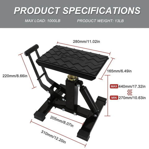 Heavy Duty Dirt Bike Stand Adjustable Jack Stand 1200 Lbs Capacity Engine Stand With Vertical Rise in black aluminum