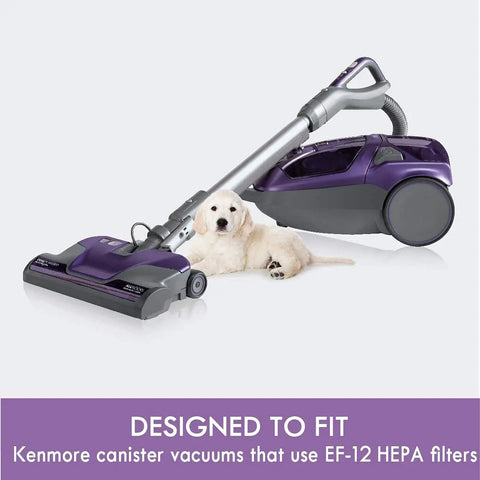 Purple canister vacuum with EF-12 HEPA Canister Vacuum Exhaust Air Filter For A Bunch Of Models Keeps Dust Out And Air Fresh.