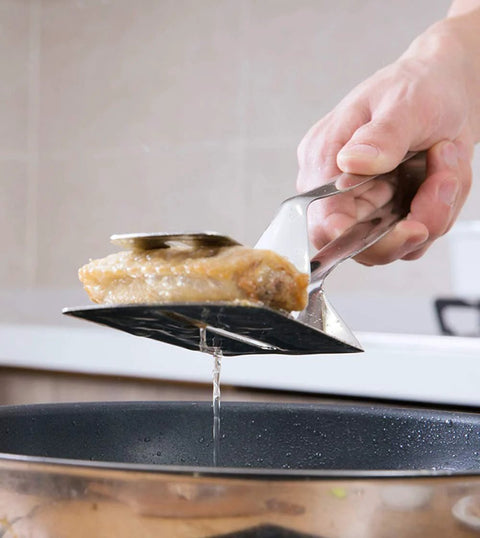 Using Multifunction 11 Inch Premium Stainless Steel Tongs 3 In 1 Gripper Flip And Scraper for frying in kitchen