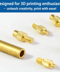 Brass Heat Set Inserts Kit For 3D Printing M2 To M6 With 7 Welding Tips and Adapters, showcasing brass inserts and tips close-up