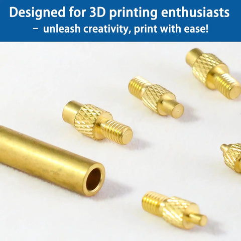 Brass Heat Set Inserts Kit For 3D Printing M2 To M6 With 7 Welding Tips and Adapters, showcasing brass inserts and tips close-up