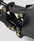 Close-up of black 12 Inch Front Hoe Hydraulic Tilt Bucket for mini skid steer fronthoe backhoe excavator, bolt-on teeth visible.