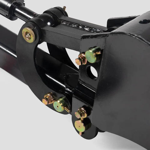 Close-up of black 12 Inch Front Hoe Hydraulic Tilt Bucket for mini skid steer fronthoe backhoe excavator, bolt-on teeth visible.