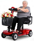 Front view of Movcan X-02 red four-wheel mobility scooter with front basket carrying flowers.