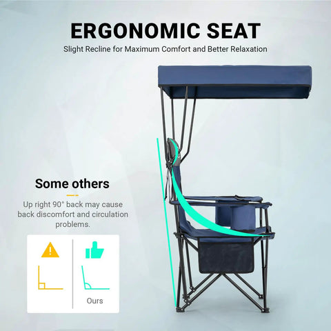 Camping Chair With Canopy Shade For Outdoor Adventures, ergonomic seat design with slightly reclining high back support