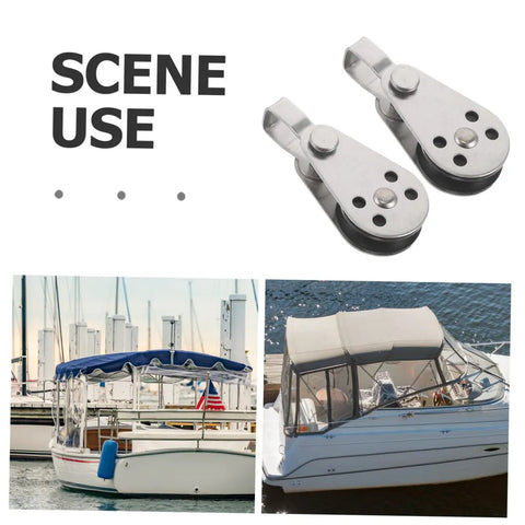 4 Pack Stainless Steel Pulley Block Set With Bearing Beefy Heavy Duty Single Wheel Rope Pulley shown with boats