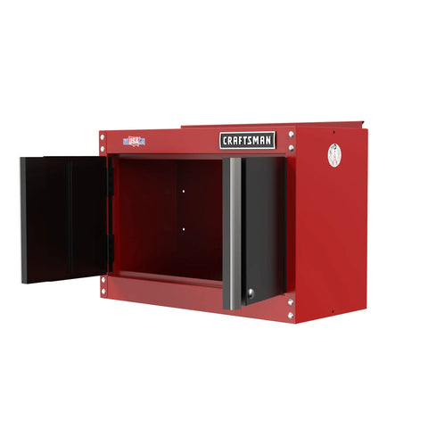 Tough Heavy Duty Metal Garage Storage Cabinet With Wall Mount 2 Door Design And Internal Locking System For Secure Tool Storage 200 Lb Capacity 5,245 Cu In Made In USA, shown with open doors on a white background.