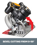 Heavy Hitter Cordless Circular Saw Loaded With 20 Volt Battery And 6 1/2 Inch Flush Mount Blade showing bevel cutting range from 0-50°.
