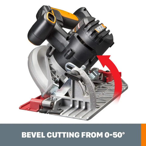 Heavy Hitter Cordless Circular Saw Loaded With 20 Volt Battery And 6 1/2 Inch Flush Mount Blade showing bevel cutting range from 0-50°.