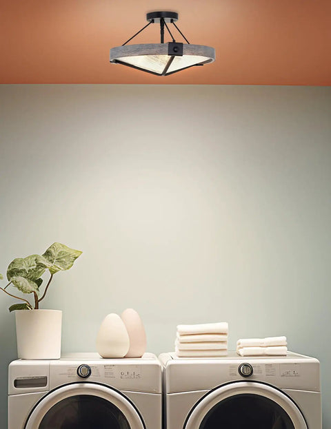 Valencia 16 Inch Three Light Modern Farmhouse Semi Flush Ceiling Light With Textured Glass Shade In Black And Gray Oak Finish