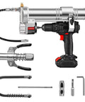 Electric Grease Gun Drill Adapter For DeWalt Cordless Drill Driver 14 Oz Capacity 12 Inch Flexible Hose Locking Grease Gun Coupler And Steel Pipe DIY And Professional Lubrication Tool with accessories.