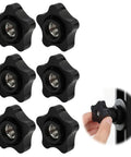 Six Piece Three Eighths Sixteen Thread Five Point Star Thumb Knobs With Ergonomic Non Slip Grip For No Sweat Tightening and Killer Stability On Every Shop Or Weekend Build, black polypropylene knobs.