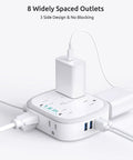 360 Rotating Flat Plug Power Strip With 8 Widely Spaced Outlets And 4 USB Ports 1 USB C 5ft Cord Wall Mountable 1440J Surge Protector