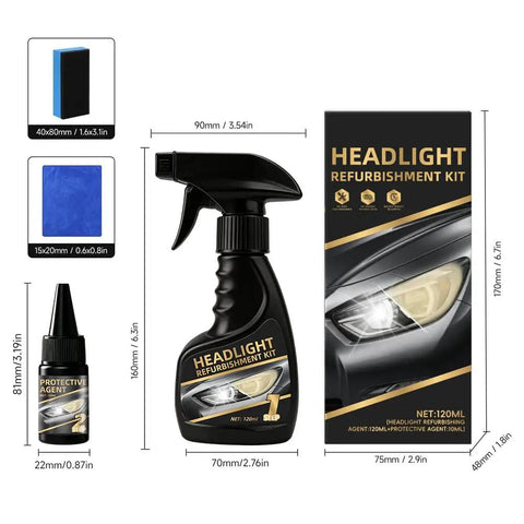 Headlight Restoration Kit With Cleaner And Ceramic Sealant for 10x brighter lights, spray bottle with protective agent and box packaging.