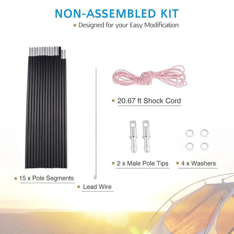 Replacement Tent Poles Three Eighths Inch Nine Point Five Millimeter Fits Male And Female Ends Lightweight Aluminum Alloy Tent Pole Repair Kit 7001 Aluminum Twenty Feet One Pole Pack For Camping Gear And Tents, showing components like pole segments, shock cord, male tips, washers, and lead wire.