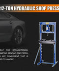 Bad Ass 12 Ton H Frame Hydraulic Shop Press For Auto Mechanics And Bearing Pullers, blue metal frame, used for pressing automotive parts.