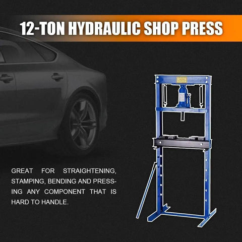 Bad Ass 12 Ton H Frame Hydraulic Shop Press For Auto Mechanics And Bearing Pullers, blue metal frame, used for pressing automotive parts.