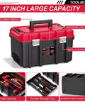 Front view of a red and black Three Tier Stackable Rolling Tool Box With Wheels Garage Ready, Modular Tool Organizer System, Portable Lockable Tool Boxes, 17 Inch Large Tool Box For Home Repairs And Professional Work.