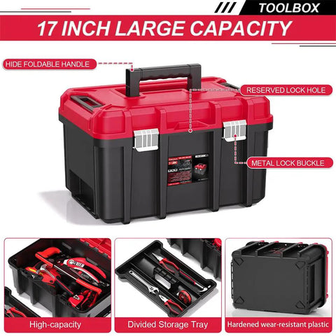 Front view of a red and black Three Tier Stackable Rolling Tool Box With Wheels Garage Ready, Modular Tool Organizer System, Portable Lockable Tool Boxes, 17 Inch Large Tool Box For Home Repairs And Professional Work.
