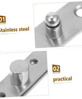 Close-up of heavy duty concealed door pivot hinge in stainless steel, showing rotatable hidden hinge for cabinet and bookcase doors.