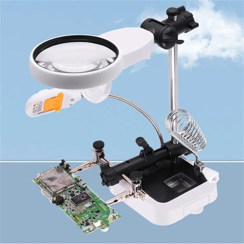 Upgrade Your Phone Repair Game With This Heavy Duty Magnetic Helping Hands Clamp featuring adjustable height, angle, and magnifying glass.