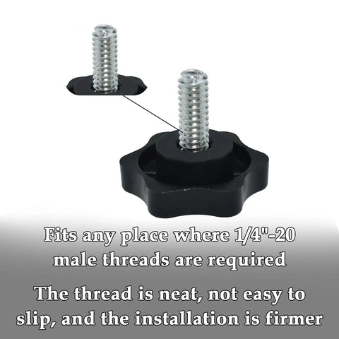 Slick Black Star Hand Knobs 4 Pack Featuring 1/4 20 Thread Solid Build showing detailed view of threaded black star knobs for cabinet hardware.