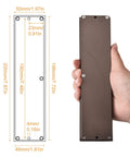 Zinc Alloy Flush Pull Handles Set Of 2 For Sliding Doors And Drawers, Brown finish, shown held in hand, measurements indicated, includes screws.