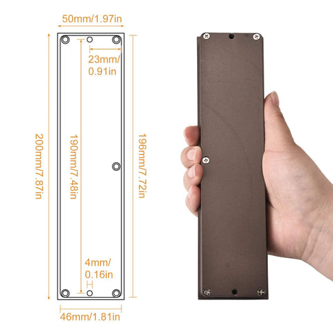 Zinc Alloy Flush Pull Handles Set Of 2 For Sliding Doors And Drawers, Brown finish, shown held in hand, measurements indicated, includes screws.