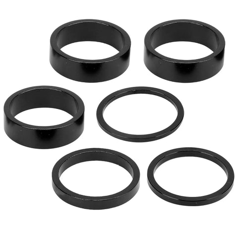 Six Piece Aluminum Bike Headset Spacer Set With 2mm 3mm 5mm And 10mm Heights For Twenty Eight Point Six Millimeter Forks One And One Eighth Inch Stems Black