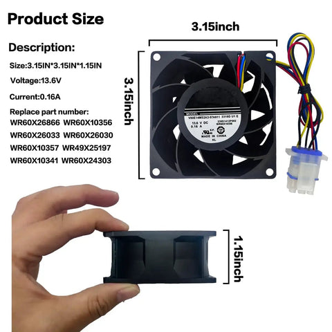 Upgraded OEM Refrigerator Evaporator Fan Motor Replacement V80E14MS2A3-57A611 for 60X Series Fridges with dimensions and plug