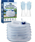 Collapsible Water Container With Spigot For Camping And Travel next to box and gloves, showing its accordion fold design