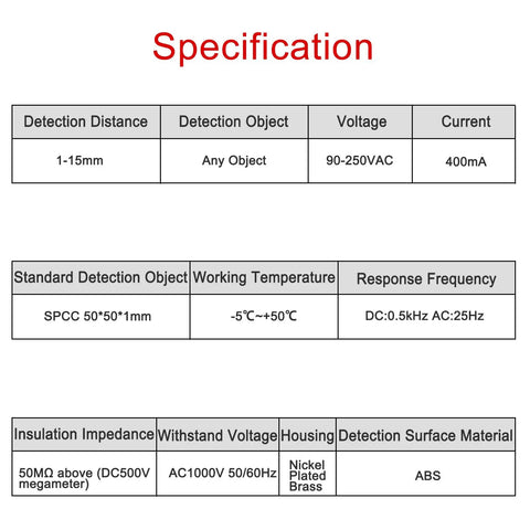 M30 Capacitive Proximity Sensor Switch Non Shield Type LJC30A3 H J DZ With About 20mm Detect Range No Fuss Setup And Settable 0 To 18mm 90 To 250 VAC 400 mA Normally Closed NC Two Wires Blue Housing specifications chart