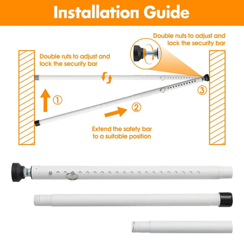 Adjustable Sliding Door Security Bar 17 To 51 Inches For Patio Doors And Windows, Heavy Duty Childproof Safety Bar shown with installation guide