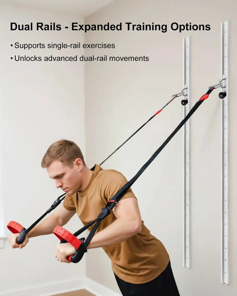 Man using Adjustable Resistance Band Wall Anchor System with dual 40 inch aluminum rails for strength mobility and stretch training.