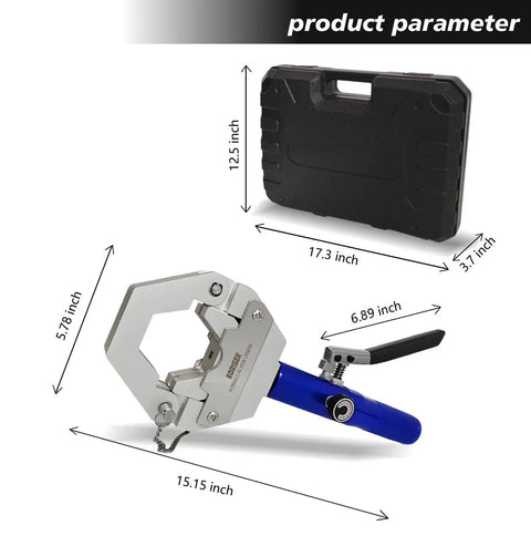 Dimensions of Heavy Duty Hydraulic A C Hose Crimper Kit for Beadlock Fittings with carrying case shown.