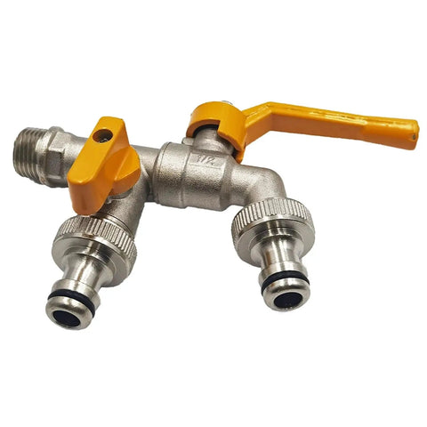 Two Way Garden Hose Faucet Adapter With Brass Ball Valve One Half Inch Connector For Water Tank And Irrigation Fittings Replacement