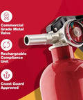 Close-up of Home Fire Extinguisher Kit Four Pack UL Rated 1A 10B C Rechargeable All Metal Construction focusing on valve and gauge.