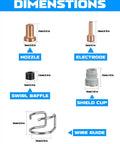 Image showing dimensions of Pro-Grade Plasma Cutter Torch Consumables Kit For 65L Series, with nozzle, electrode, shield cup, swirl baffle, and wire guide.