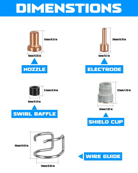 Image showing dimensions of Pro-Grade Plasma Cutter Torch Consumables Kit For 65L Series, with nozzle, electrode, shield cup, swirl baffle, and wire guide.
