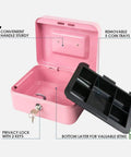 Locking Steel Cash Box With Removable Coin Tray And Key Lock Pink Medium Safe For Cash Or Tips Durable Metal Box