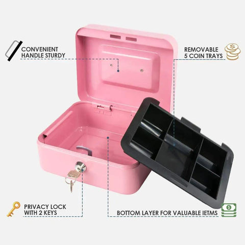 Locking Steel Cash Box With Removable Coin Tray And Key Lock Pink Medium Safe For Cash Or Tips Durable Metal Box