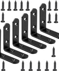 Six Piece Black L Brackets Corner Braces Heavy Duty 304 Stainless Steel Shelf Supports Rust Proof Right Angle Hardware Kit For Wood Furniture Builds with screws.