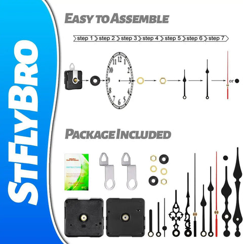Two Pack Non Ticking Clock Movements With Six Styles Clock Hands Of Different Sizes, Battery Operated DIY Repair Parts Replacement, Easy to Assemble with Included Accessories