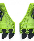 Front view of two green BOW FencePRO FP4 featherboards with EVA feather inserts mounted on a fence