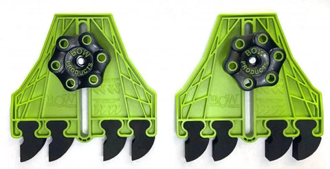 Front view of two green BOW FencePRO FP4 featherboards with EVA feather inserts mounted on a fence