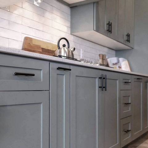 Modern kitchen with cabinets featuring 2 Pack Round Bar Cabinet Pulls Matte Black Finish Euro Style T Bar Handles With 3 Inch Center To Center Mounting And 5 Inch Overall Length Stainless Steel Construction Durable And Sleek Cabinet Hardware For Kitchen And Furniture.