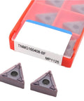 Top Grade 10 Pack TNMG160408 Indexable Carbide Lathe Tools For Stainless Steel External Turning Heavy Duty Cuts With BF MP1125 Inserts close-up of two inserts in packaging.